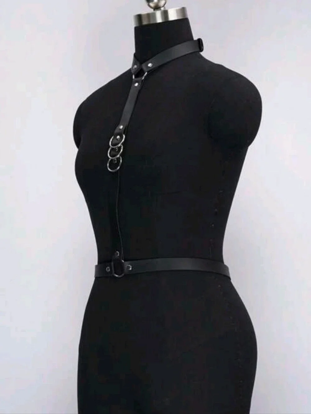 White Lace Bodysuit with Black Leather Harness